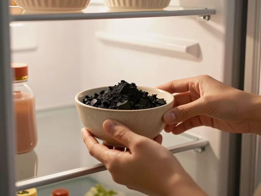קערית פחם פעיל שחור מונחת על מדף מקרר ריק ליד קופסת פלסטיק